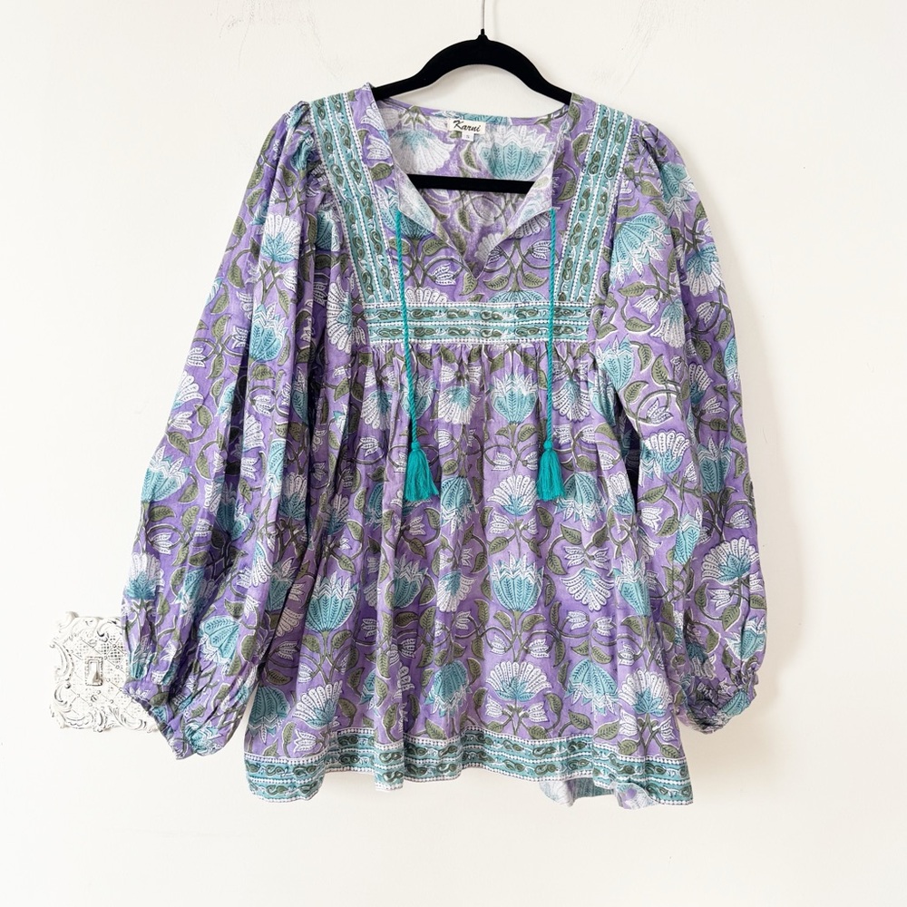 Karni Boho Purple and Teal Block Print Tassel Blouse Tunic Balloon Sleeves S